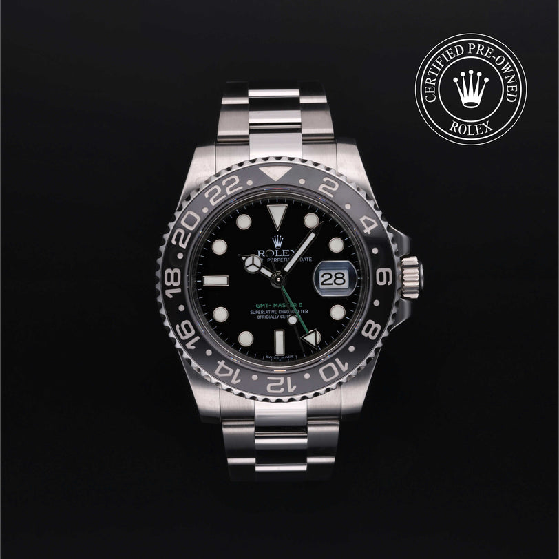 Rolex Certified Pre-owned GMT M116710LN-0001 front on black background