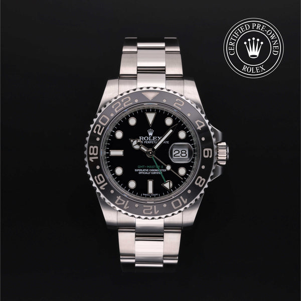 Rolex Certified Pre-owned GMT II M116710LN-0001 front on black background