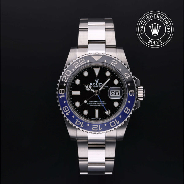 Rolex Certified Pre-owned GMT M116710BLNR-0002 front on black background