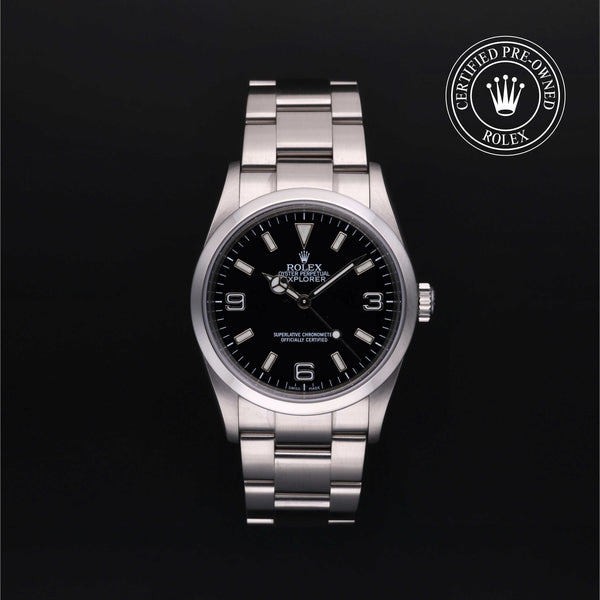 Rolex Certified Pre-owned Explorer M114270-0002 front on black background