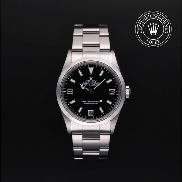 Rolex Certified Pre-owned Explorer M14270-0001 front on black background