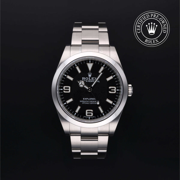 Rolex Certified Pre-owned Explorer M214270-0003 front on black background