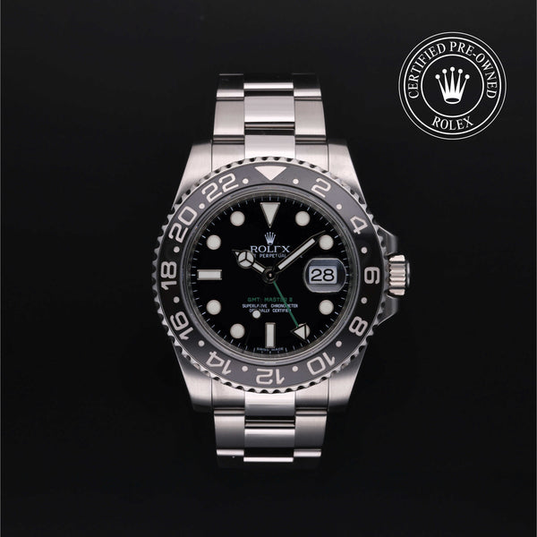 Rolex Certified Pre-owned GMT M116710LN-0001 front on black background
