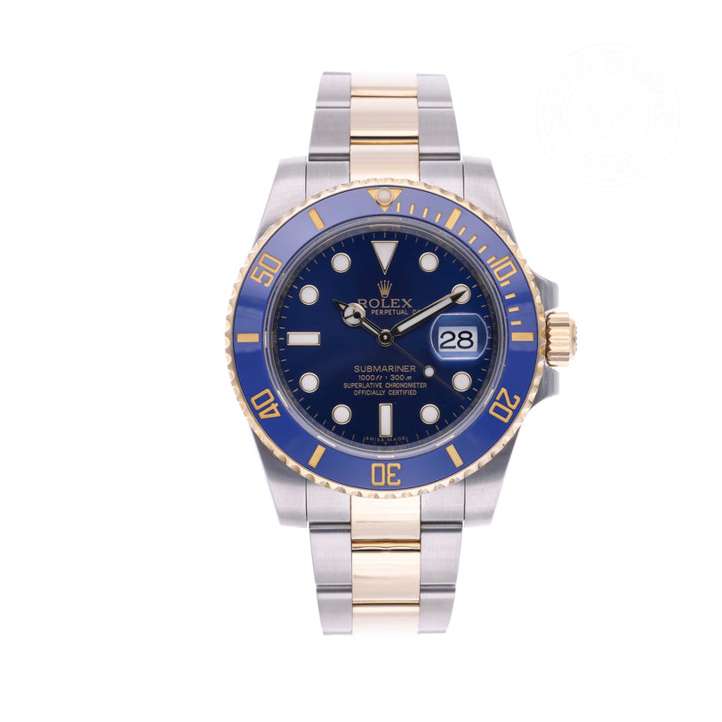 Rolex Certified Pre-owned Submariner M116613LB-0005 front on white background
