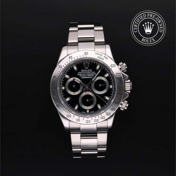 Rolex Certified Pre-owned Daytona M116520-0011 front on black background