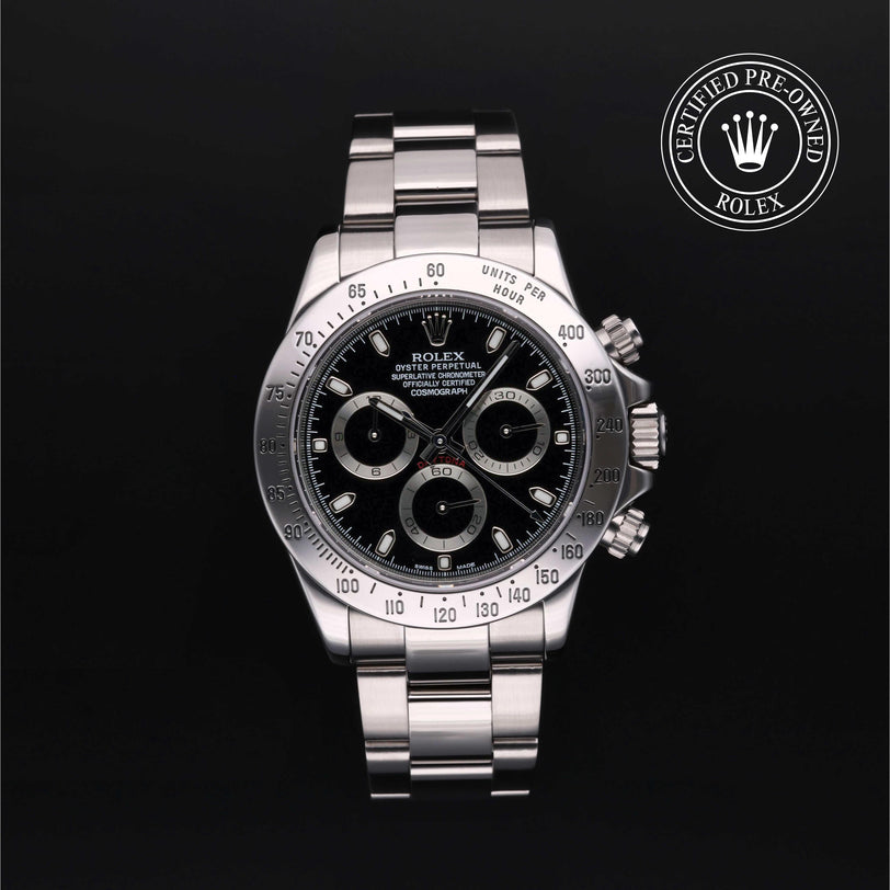 Rolex Certified Pre-owned Daytona M116520-0011 front on black background