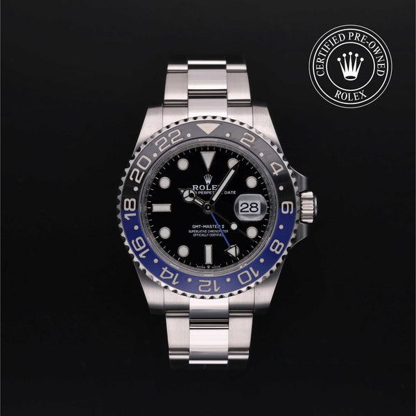 Rolex Certified Pre-owned GMT M126710BLNR-0003 front on black background