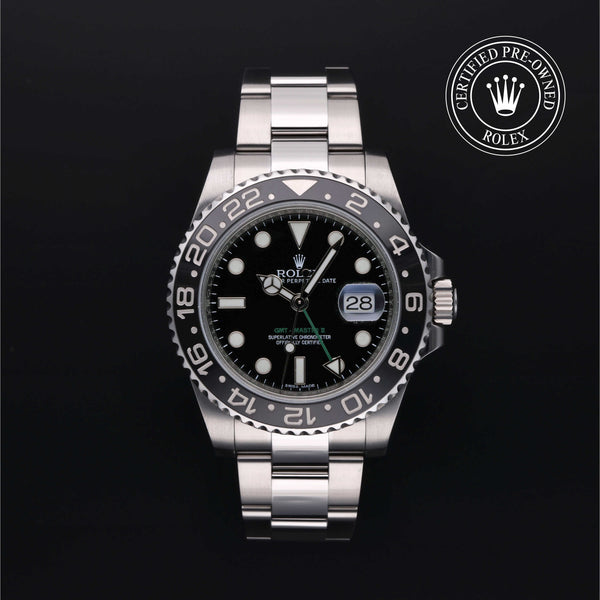 Rolex Certified Pre-owned GMT M116710LN-0001 front on black background