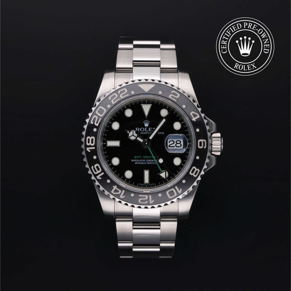 Rolex Certified Pre-owned GMT M116710LN-0001 front on black background