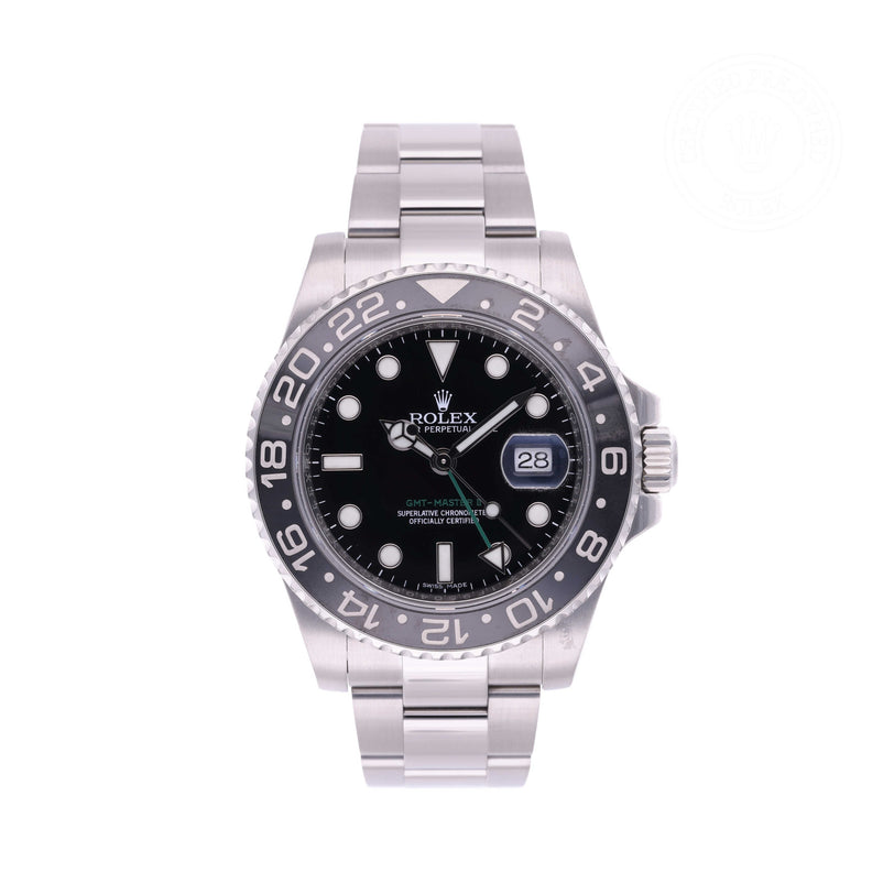Rolex Certified Pre-owned GMT M116710LN-0001 front on white background