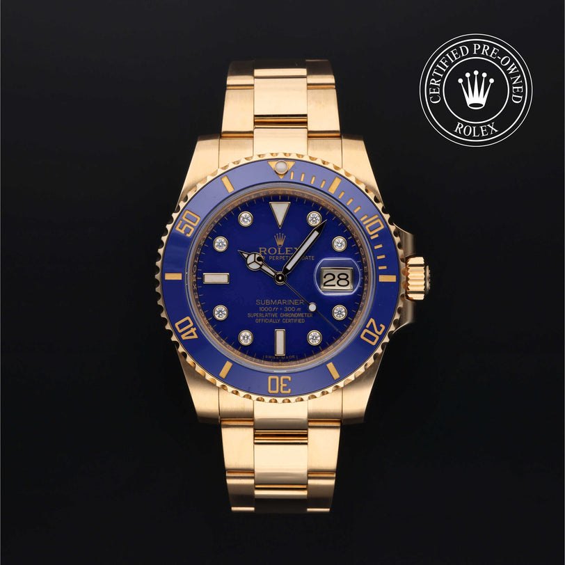 Rolex Certified Pre-owned Submariner M116618LB-0002 front on black background