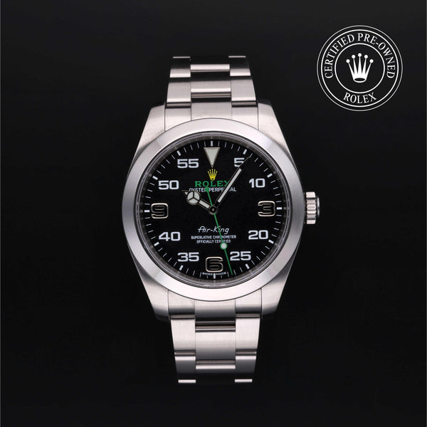 Rolex Certified Pre-owned Air-King M116900-0001 front on black background