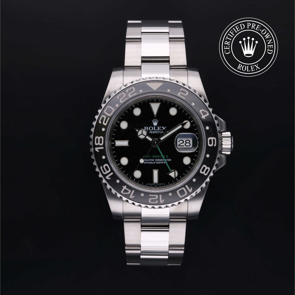 Rolex Certified Pre-owned GMT M116710LN-0001 front on black background