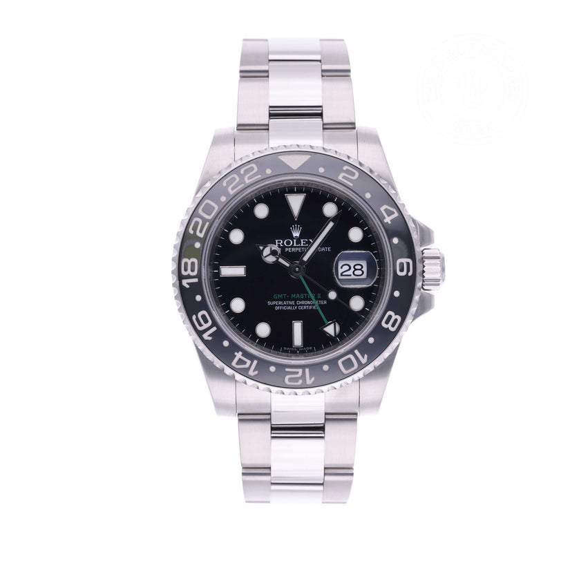 Rolex Certified Pre-owned GMT M116710LN-0001 front on white background