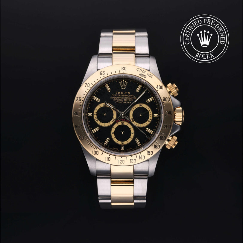 Rolex Certified Pre-owned Daytona M16523-0001 front on black background