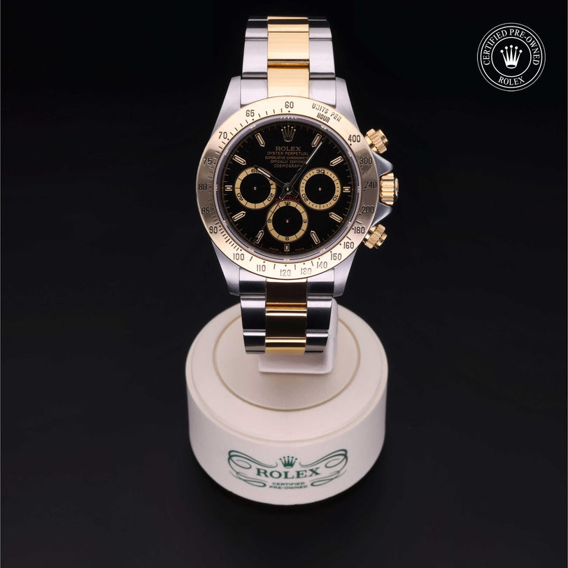 Rolex Certified Pre-owned Daytona M16523-0001 front on black background