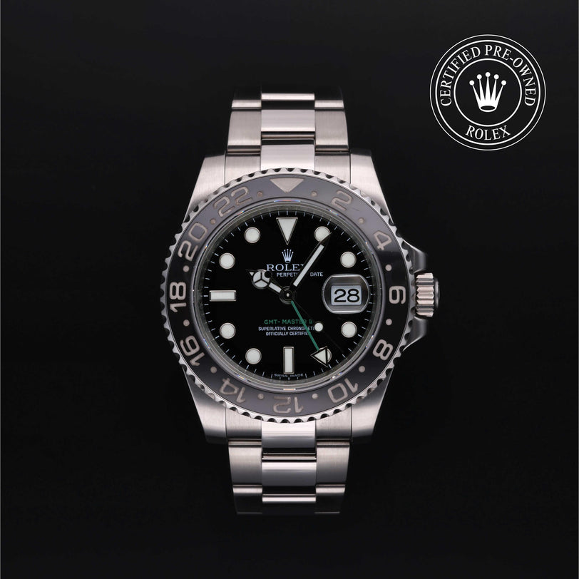 Rolex Certified Pre-owned GMT M116710LN-0001 front on black background