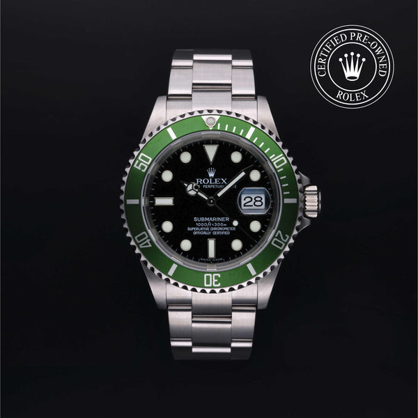 Rolex Certified Pre-owned Submariner M16610LV-0002 front on black background