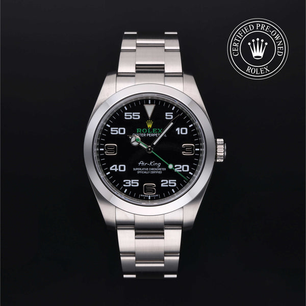 Rolex Certified Pre-owned Air-King M116900-0001 front on black background
