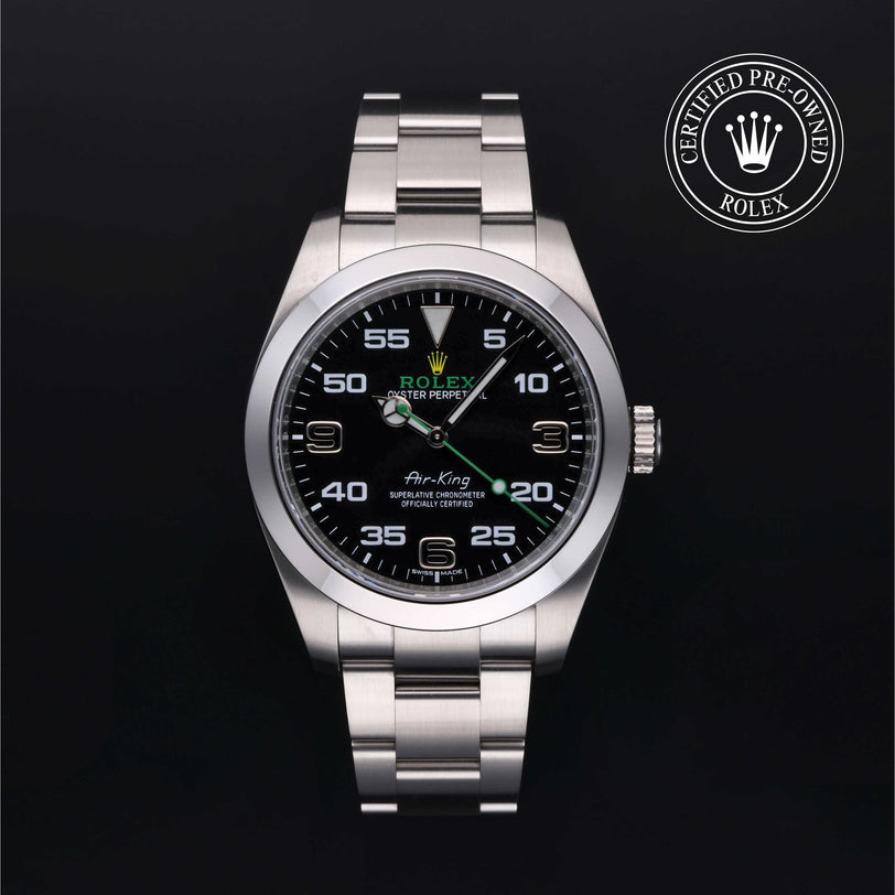 Rolex Certified Pre-owned Air-King M116900-0001 front on black background
