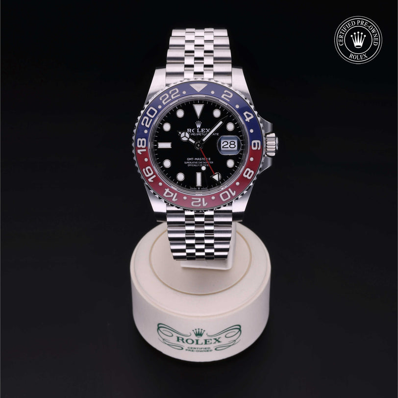 Rolex Certified Pre-owned GMT M126710BLRO-0001 front on black background
