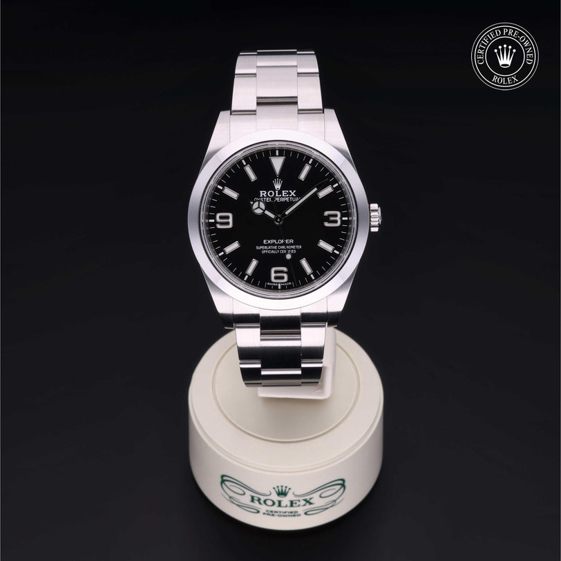 Rolex Certified Pre-owned Explorer M214270-0003 front on black background