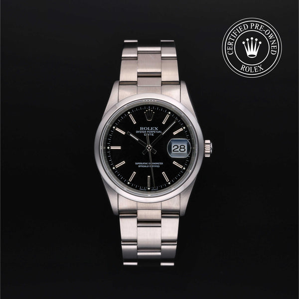 Rolex Certified Pre-owned Oyster Perpetual M15200-0009 front on black background