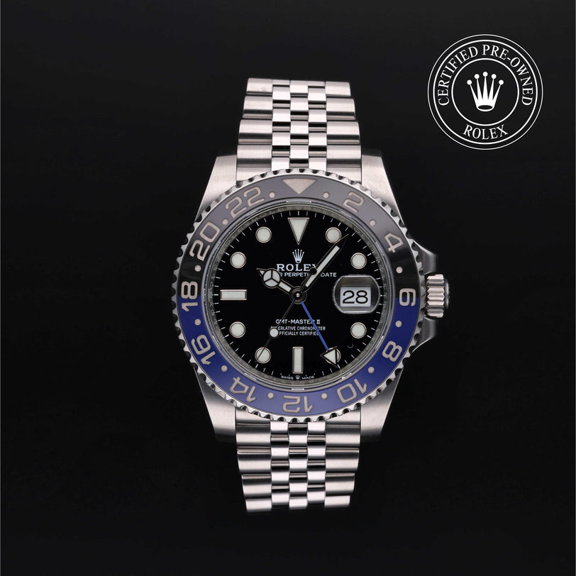 Rolex Certified Pre-owned GMT M126710BLNR-0002 front on black background