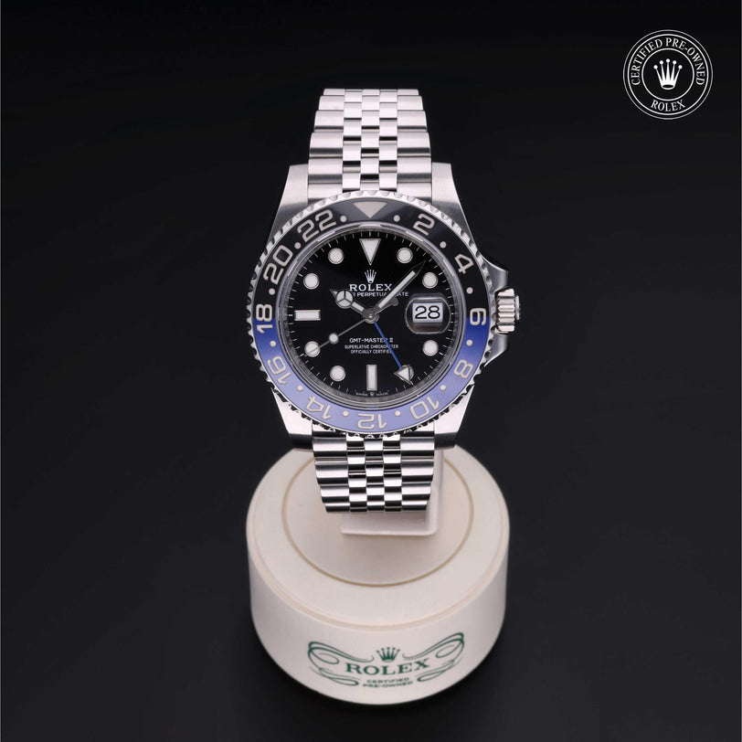 Rolex Certified Pre-owned GMT M126710BLNR-0002 front on black background