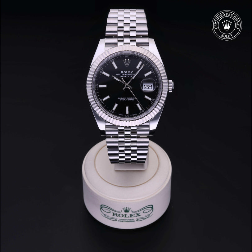 Rolex Certified Pre-owned Datejust M126334-0018 front on black background