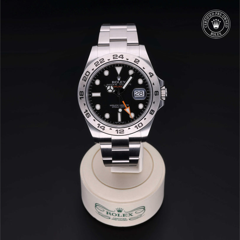 Rolex Certified Pre-owned Explorer M216570-0002 front on black background