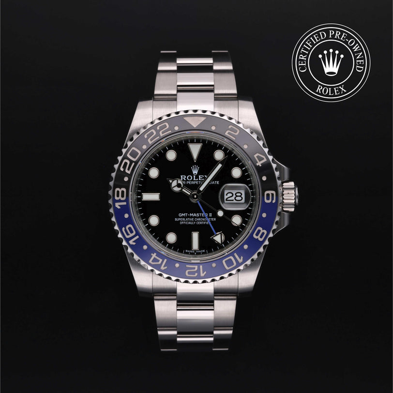 Rolex Certified Pre-owned GMT M116710BLNR-0002 front on black background