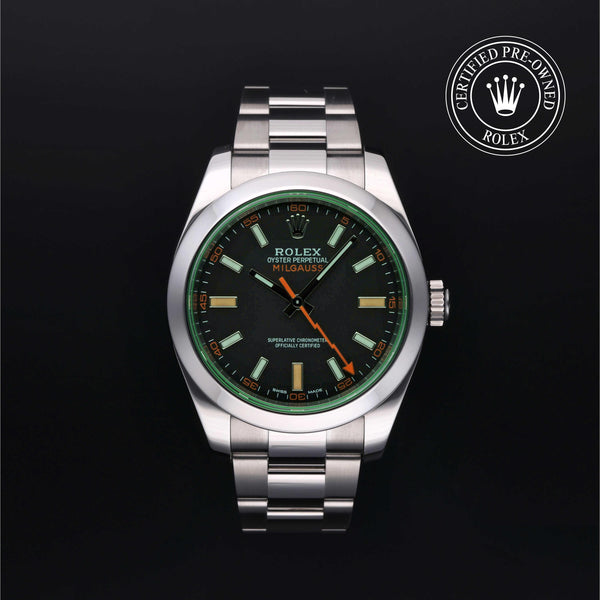Rolex Certified Pre-owned Milgauss M116400GV-0001 front on black background
