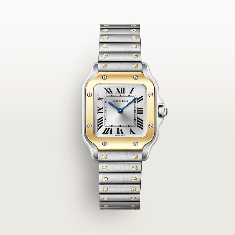 The Santos De Cartier Watch by Cartier features a square face, Roman numerals, and a two-tone metal band with gold screws.