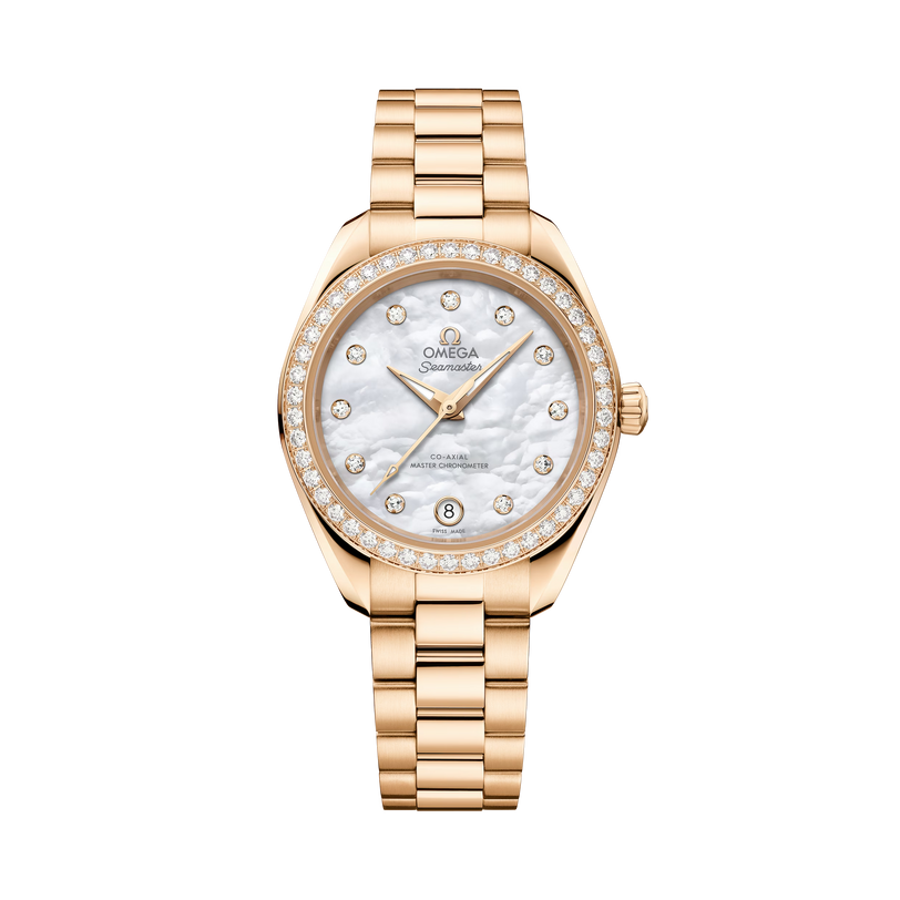 OMEGA Seamaster Aqua Terra 150M 30mm, Moonshine™ gold on Moonshine™ gold Watch, with a Diamond Bezel and Mother-of-Pearl Dial with Diamond Markers on a Moonshine™ gold integrated bracelet.