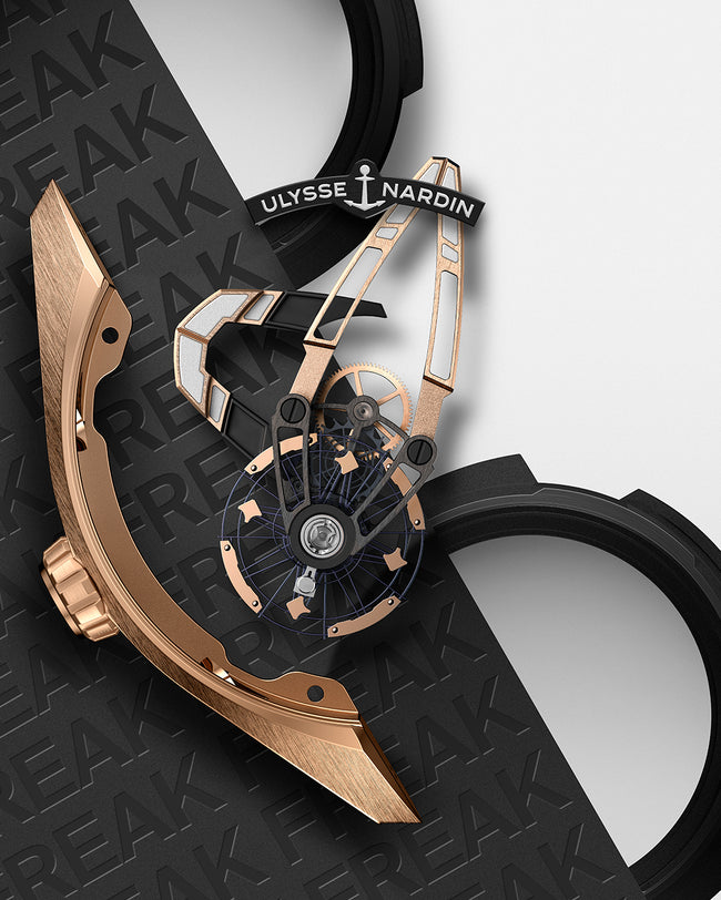 A close-up of the limited edition Ulysse Nardin Freak X Crystalium watch movement, highlighting intricate gears and rose-gold components on a black and white background with "FREAK" boldly repeated.