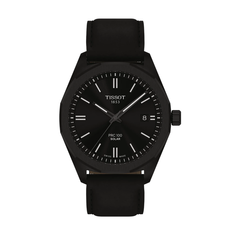 Black Tissot watch with a black strap on a white background