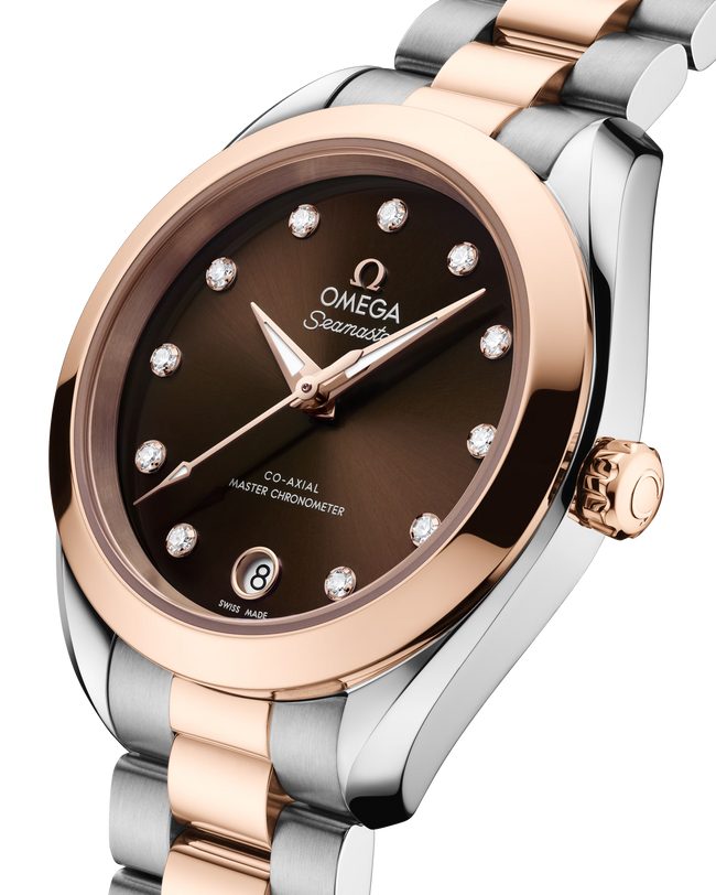 OMEGA Seamaster Aqua Terra 150M 30mm, Sedna™ gold on steel, Sedna™ gold Bezel, Brown Dial Watch with Diamond Markers on a Sedna™ gold on steel integrated two-tone bracelet.