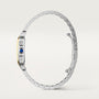 The Santos De Cartier Watch by Cartier features a slim silver case, gold bezel, and blue crown, displayed in vertical side profile on a white background.