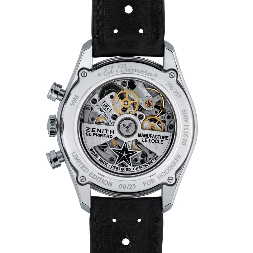 Close-up of the Zenith El Primero Limited Edition For Hodinkee, highlighting its exposed mechanical movement, engraved caseback with Limited Edition number, and black leather strap—a standout among Zenith chronographs.