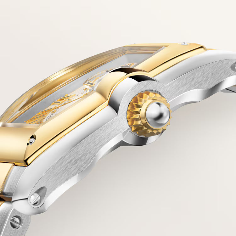 Two-tone roadster models with gold and silver finishes, featuring curved bezels and decorative wheel-inspired crowns.