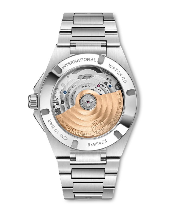 Silver stainless steel automatic watch with visible rose gold rotor and bracelet, displayed back-view.