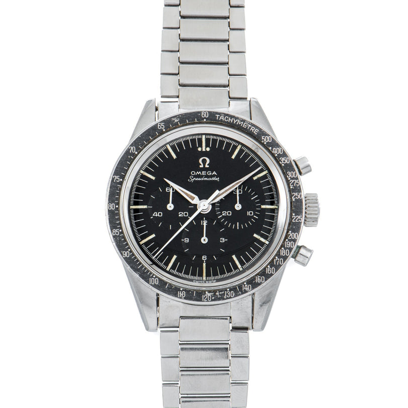 The OMEGA Speedmaster wristwatch features a black dial, silver case, metal link bracelet, and chronograph functions.