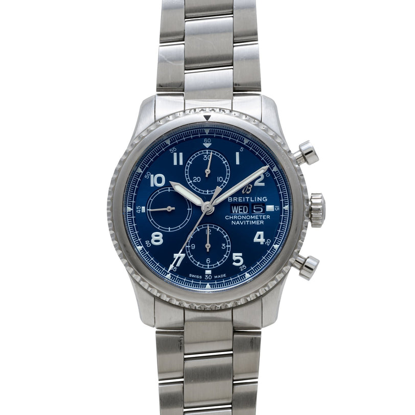 The Breitling Navitimer 8 Chronograph features a blue dial with three subdials and a stainless steel band.