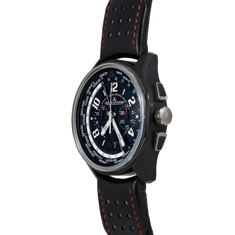 The Jaeger-LeCoultre Amvox 5 World Chronograph features a perforated black strap with red stitching and a detailed multi-chronograph dial.