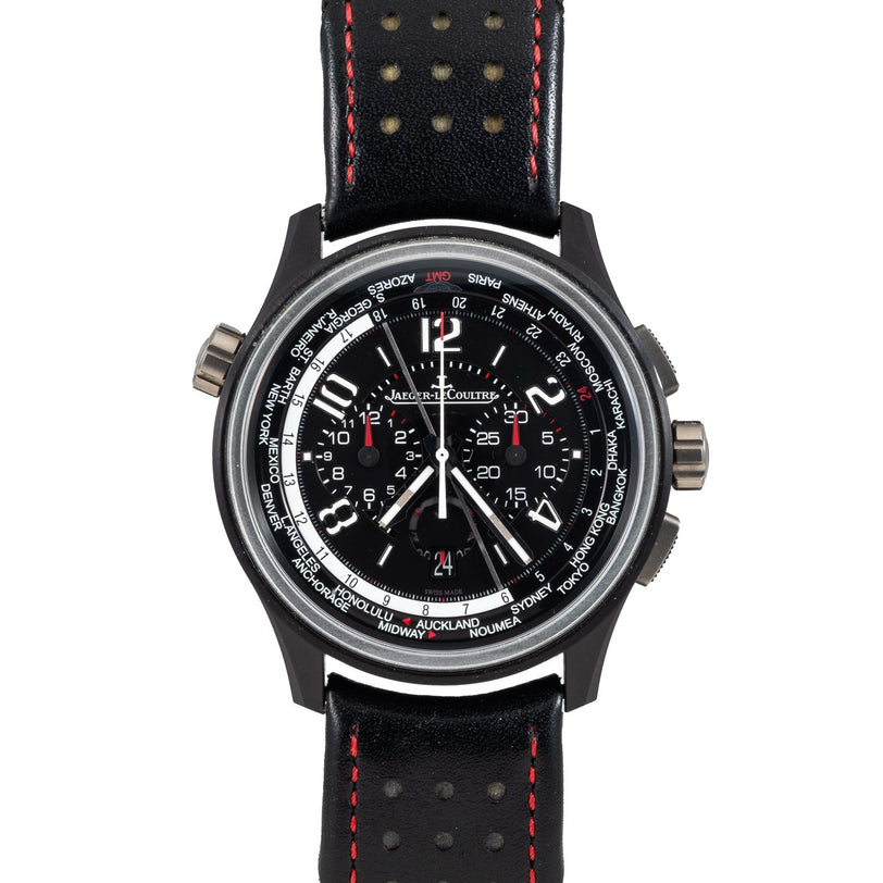 The Jaeger-LeCoultre Amvox 5 World Chronograph is a black wristwatch with a black leather strap featuring red stitching and multiple dials.