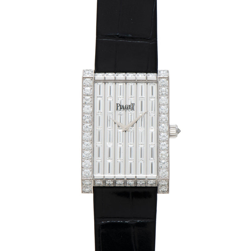 Piaget Limelight Baguette Diamond Dress Watch with a rectangular case, diamond-set bezel, and black leather strap.