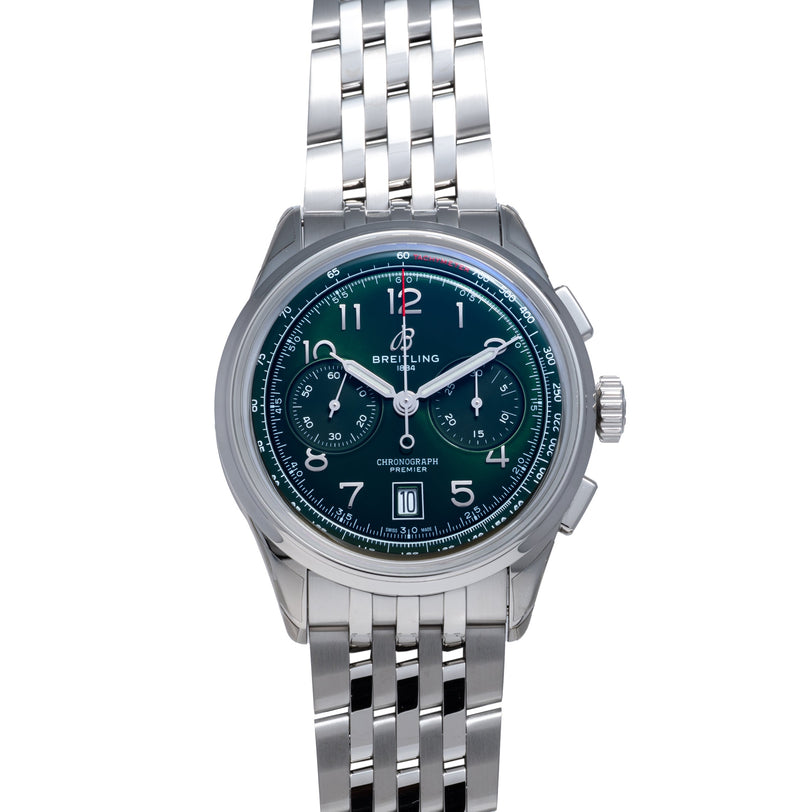 Breitling Premier B01 Chronograph with dark green dial, silver case, and stainless steel bracelet.
