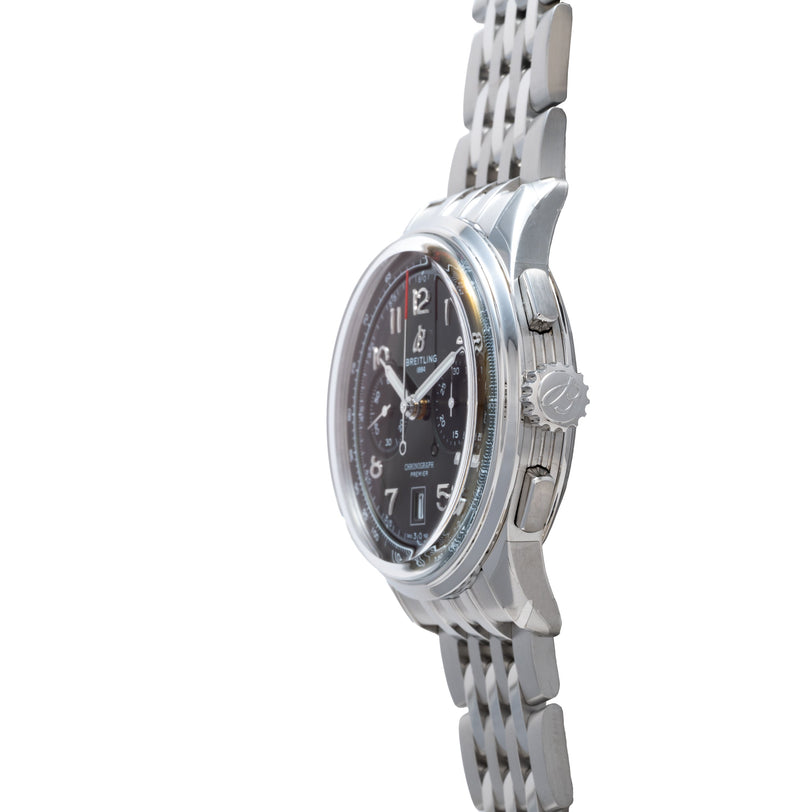 Silver stainless steel chronograph watch with black dial, Arabic numerals, and matching three-link bracelet.