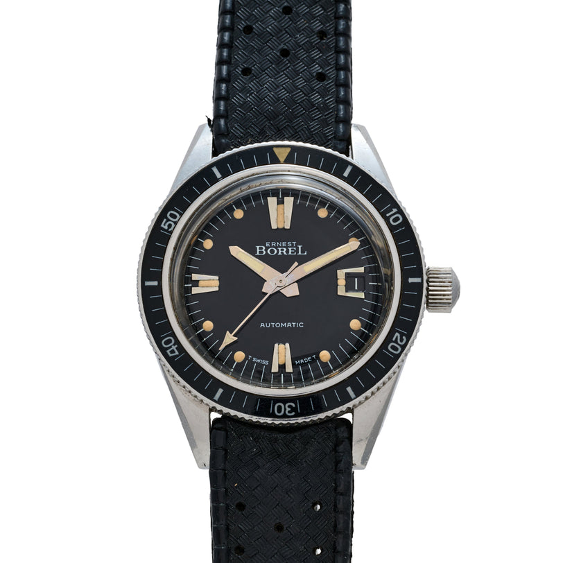 Ernest Borel automatic dive watch with black dial, applied indices, rotating bezel, and black leather strap.